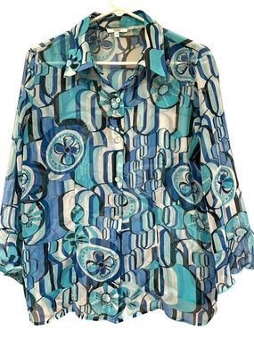 NICOLA Blue & Navy Abstract Floral Button-Up Blouse
